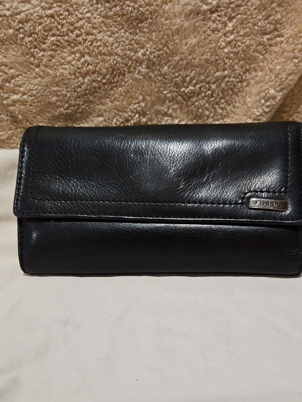 Vintage Fossil Black Leather Trifold Wallet